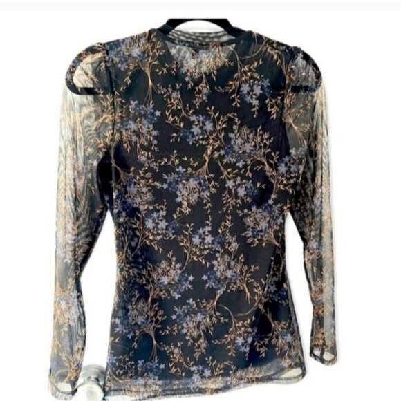 RW & Co. Mesh Flower Print dark blue longsleeve top - Picture 2 of 5